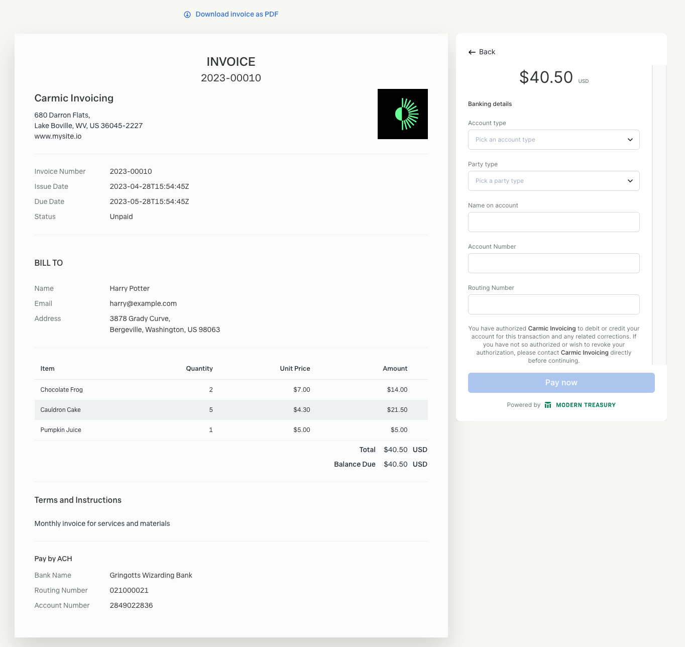 A look at what customers see when they receive an invoice—they can pay you directly by filling out the banking details form on the right.