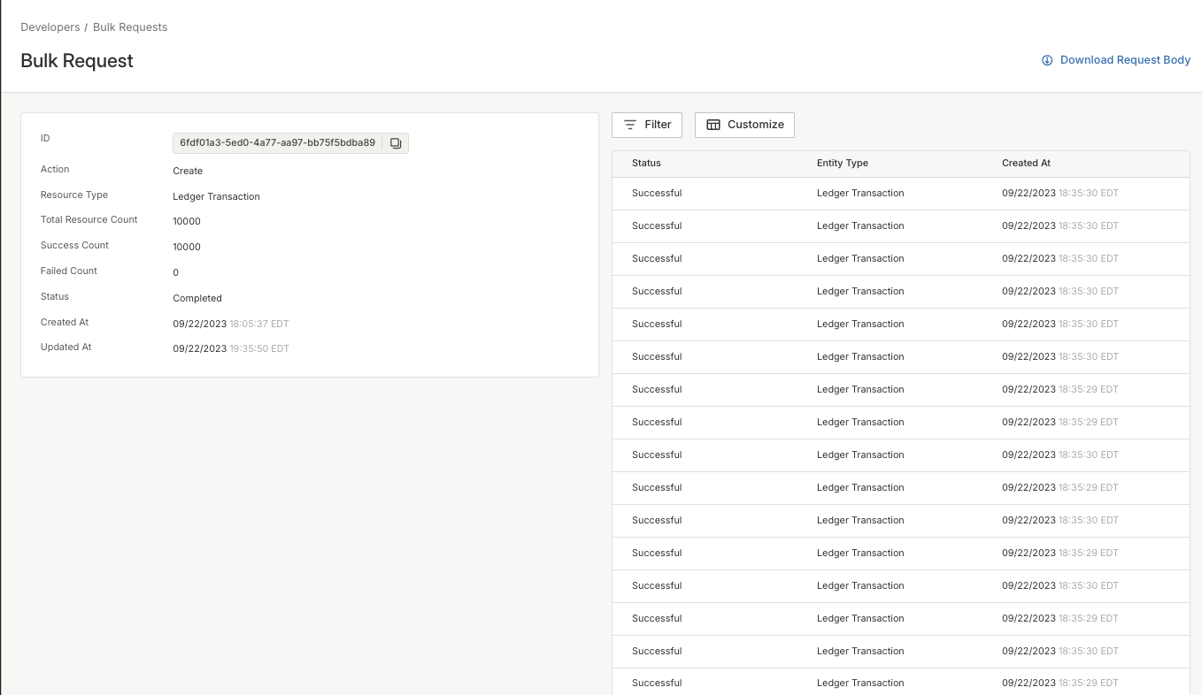 Bulk Operations Analytics as seen in the Modern Treasury App