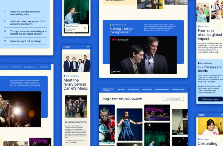 A collage of different pages on the DMF website, including both desktop and mobile screens. The pages include joyful photos of musicians performing, candid shots from group classes, and portraits of the Trush family, who founded DMF