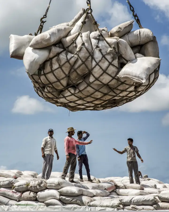 Four people stand outside on a pile of giant white bags, underneath an enormous net full of more white bags