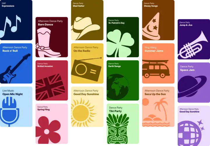 A colorful grid of cards for different DMF events, like dance parties and open mic nights. Each card has an icon to represent a different theme, from Spring Fling to Space Jam