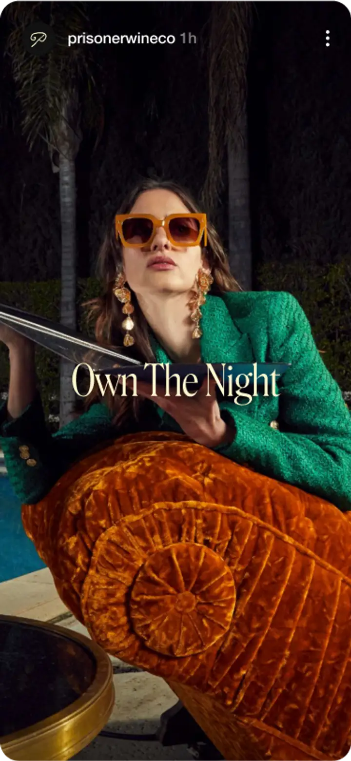 A mobile screen with a model reclining on a sofa, wearing sunglasses, and using a mirror to tan in the moonlight. Text says, “Own The Night”