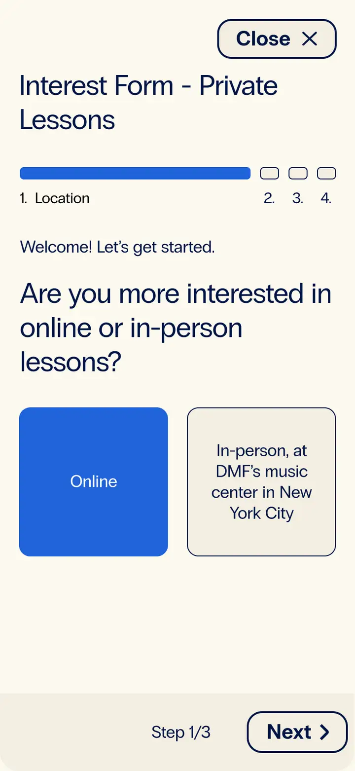 A mobile screen showing the interest form for private lessons