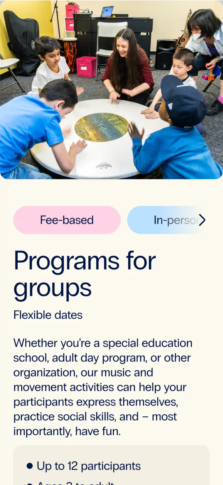 A mobile screen showing the card for programs for groups, with a photo of four young participants playing a beat on a surface with the DMF Instructor of Teaching and Learning, Juliana