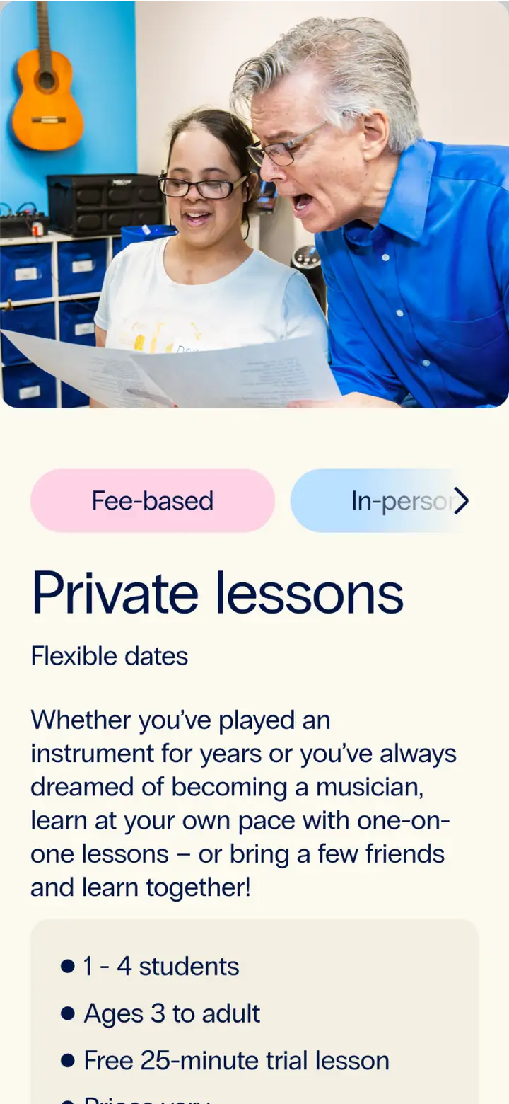 A mobile screen showing the card for private lessons, with a photo of DMF Artistic Director Gerry singing with a participant