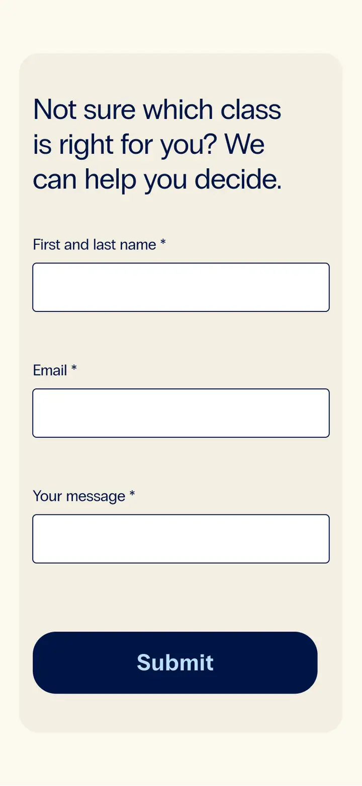 A mobile screen showing a form that says, “Not sure which class is right for you? We can help you decide.”