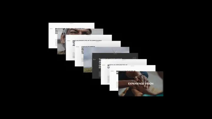 A diagonal collage of screenshots from the new TBI website. The top screenshot has text that says “Experience Vision,” on top of an image of two people clasping hands