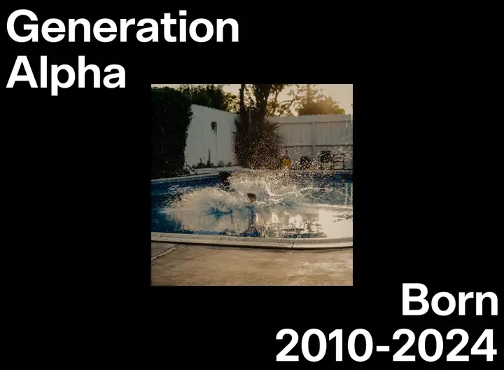 Person jumping into a pool with text "Generation Alpha born 2010-2024"