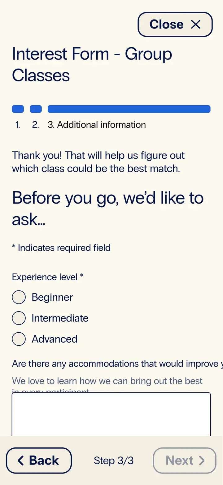 A mobile screen showing the interest form for group classes