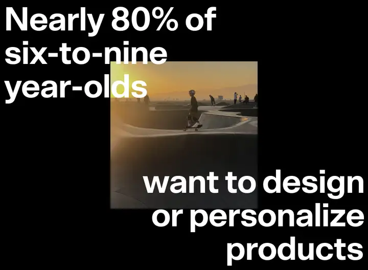 Kid skateboarding at skatepark. Text on slide "nearly 80% of six to nine year olds want to design or personalize products"