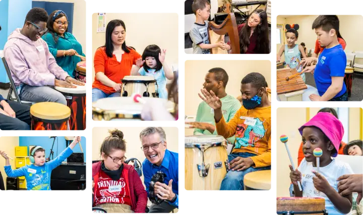 A collage of DMF music program participants and instructors having a great time playing instruments together in DMF’s bright music center