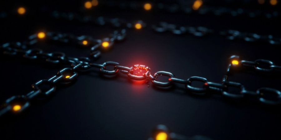 Broken pipeline of glowing nodes with one red failure point and amber warning indicators on a dark background