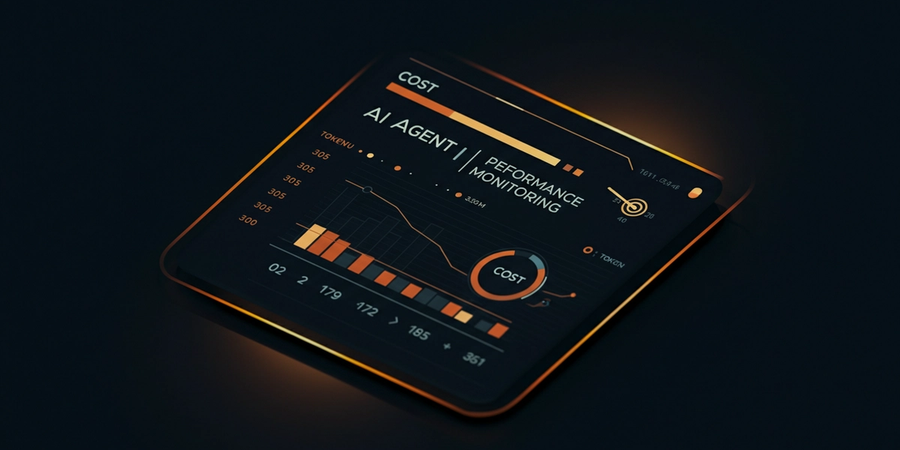 Performance monitoring dashboard with latency graphs, cost meter, and token usage bars on a dark background