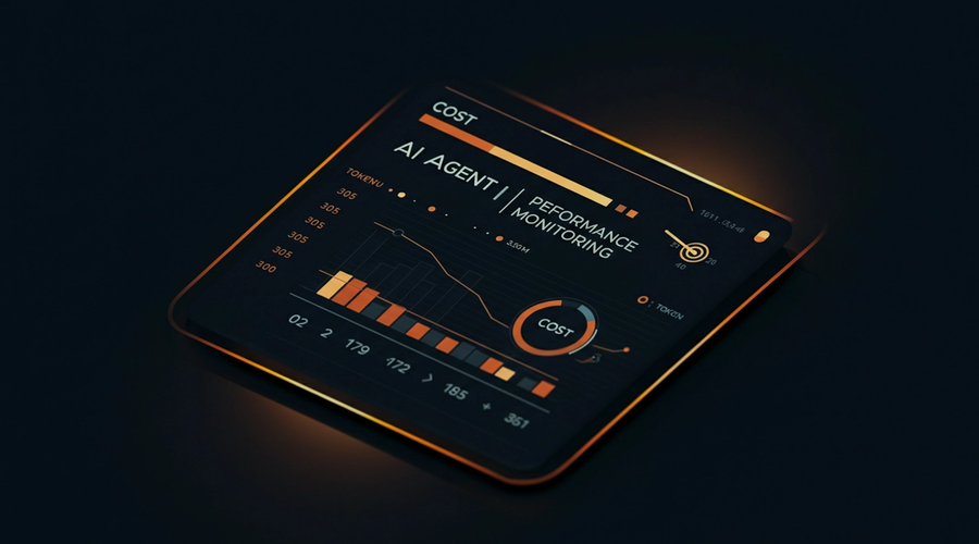 Performance monitoring dashboard with latency graphs, cost meter, and token usage bars on a dark background