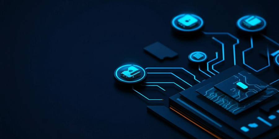 Visual trace tree diagram with glowing nodes representing LLM calls and tool invocations on a deep navy background with electric blue and cyan accents