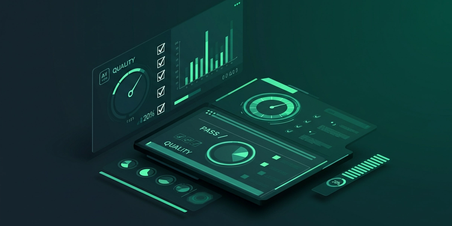 Dashboard interface showing quality score gauges, bar charts, and a pass/fail checklist for AI evaluation and benchmarking