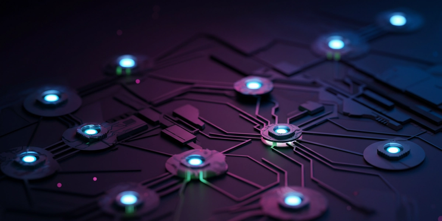 Multiple interconnected AI agent nodes in a network with glowing data packets and hierarchical handoff lines on a dark space-like background with purple and indigo neon accents