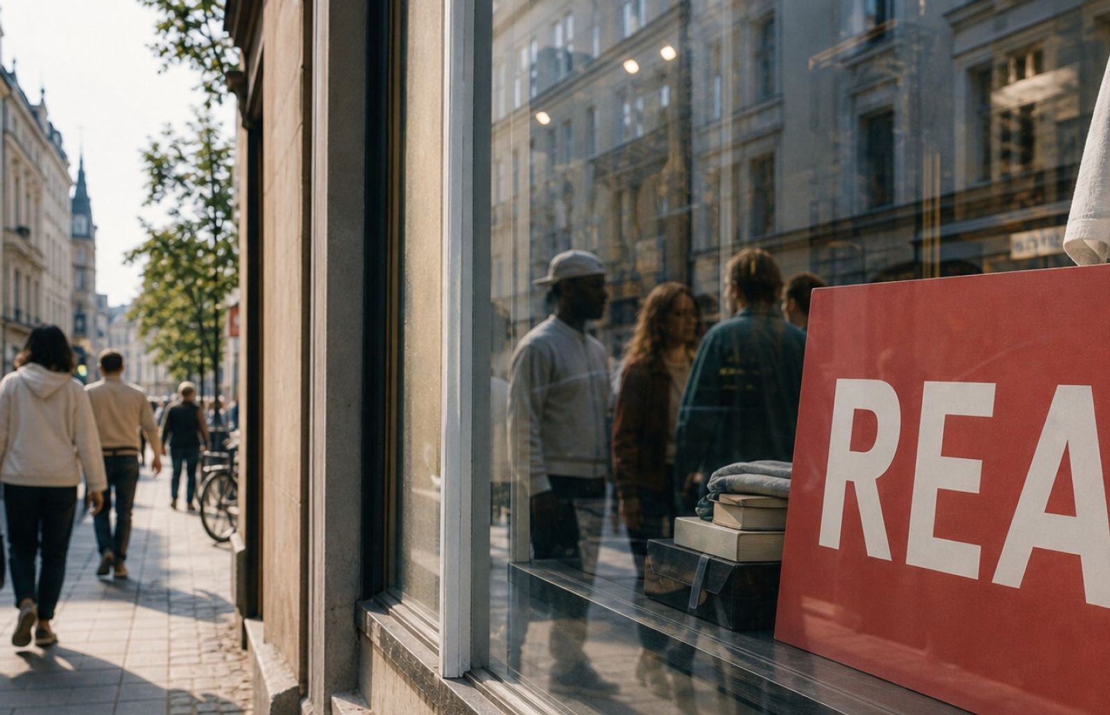 Ett butiksfönster på stan med en stor röd REA-skylt