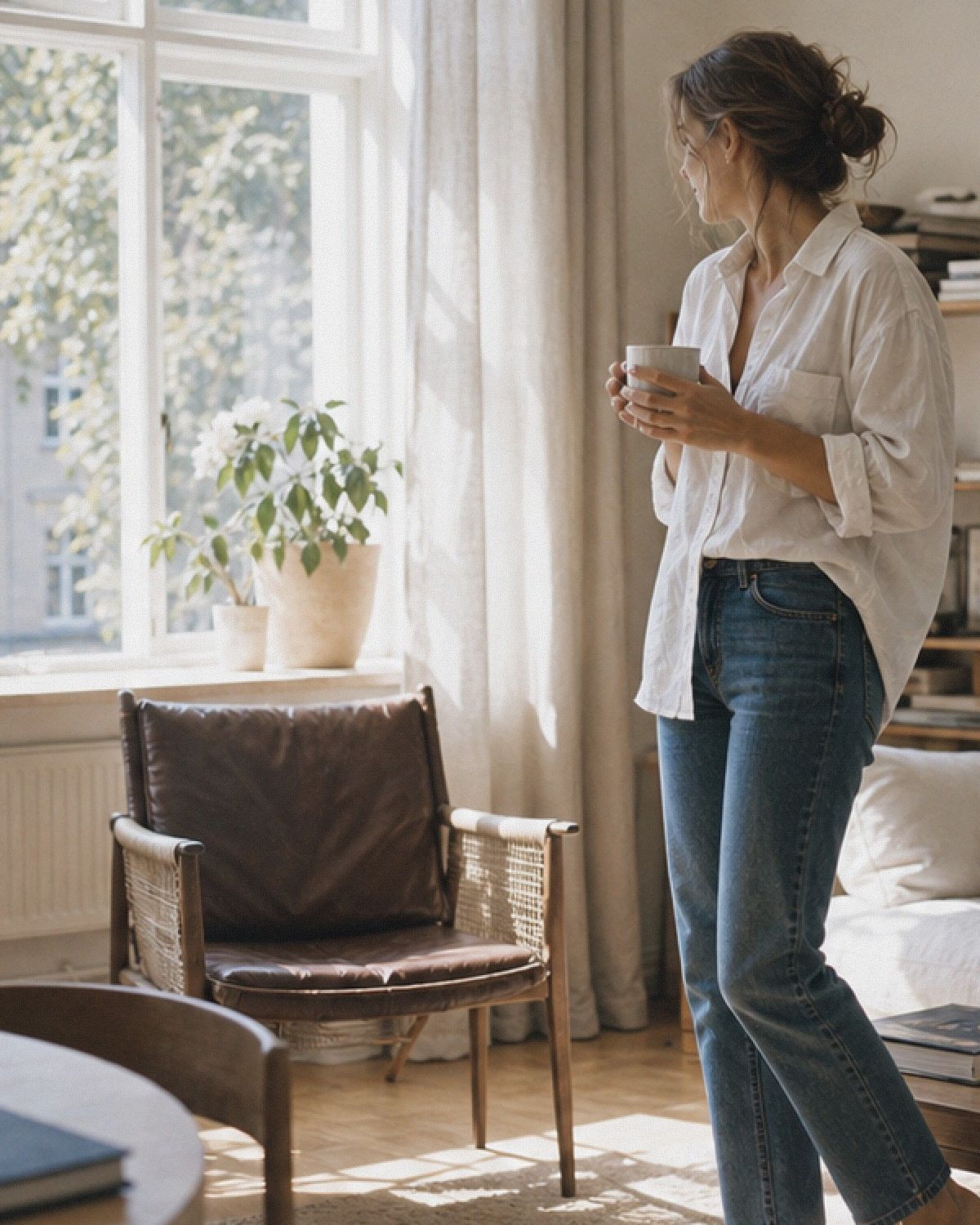 En kvinna som tittar på en stol i läder i ett ljust vardagsrum