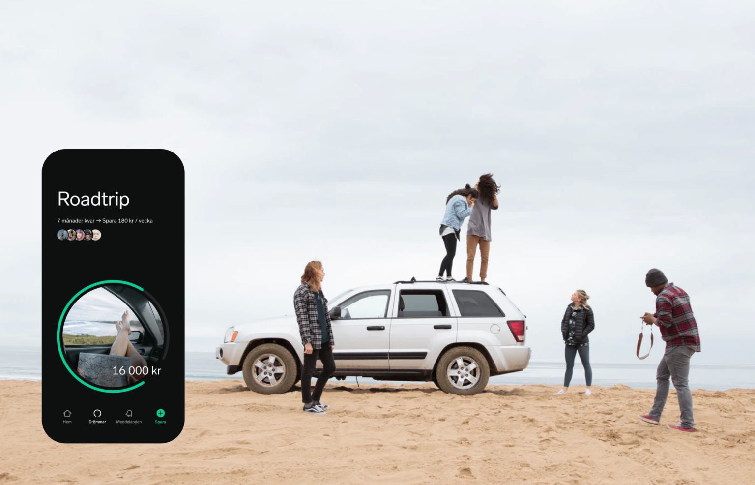Familj och vänner runt en parkerad vit jeep på en sandstrand med havet i bakgrunden, intill en mobilskärm med en gruppdröm "Roadtrip" och saldot 16 000 kr.