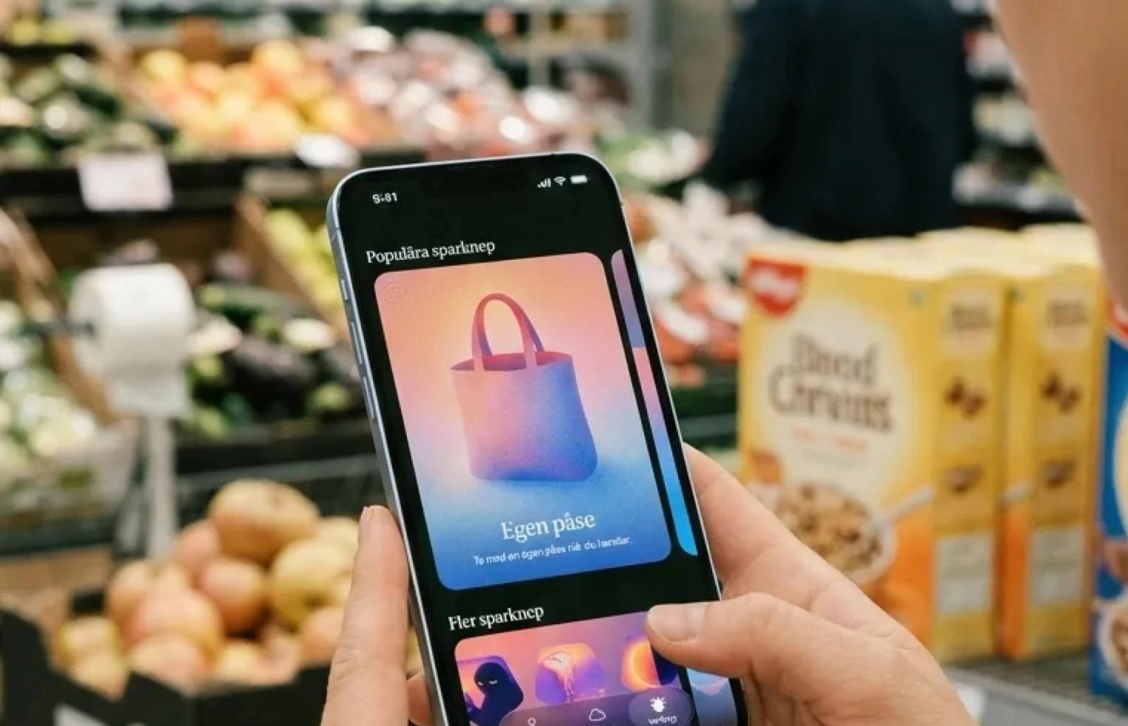 En person i en mataffär håller en mobiltelefon som visar sparknepet Egen påse i Dreams.