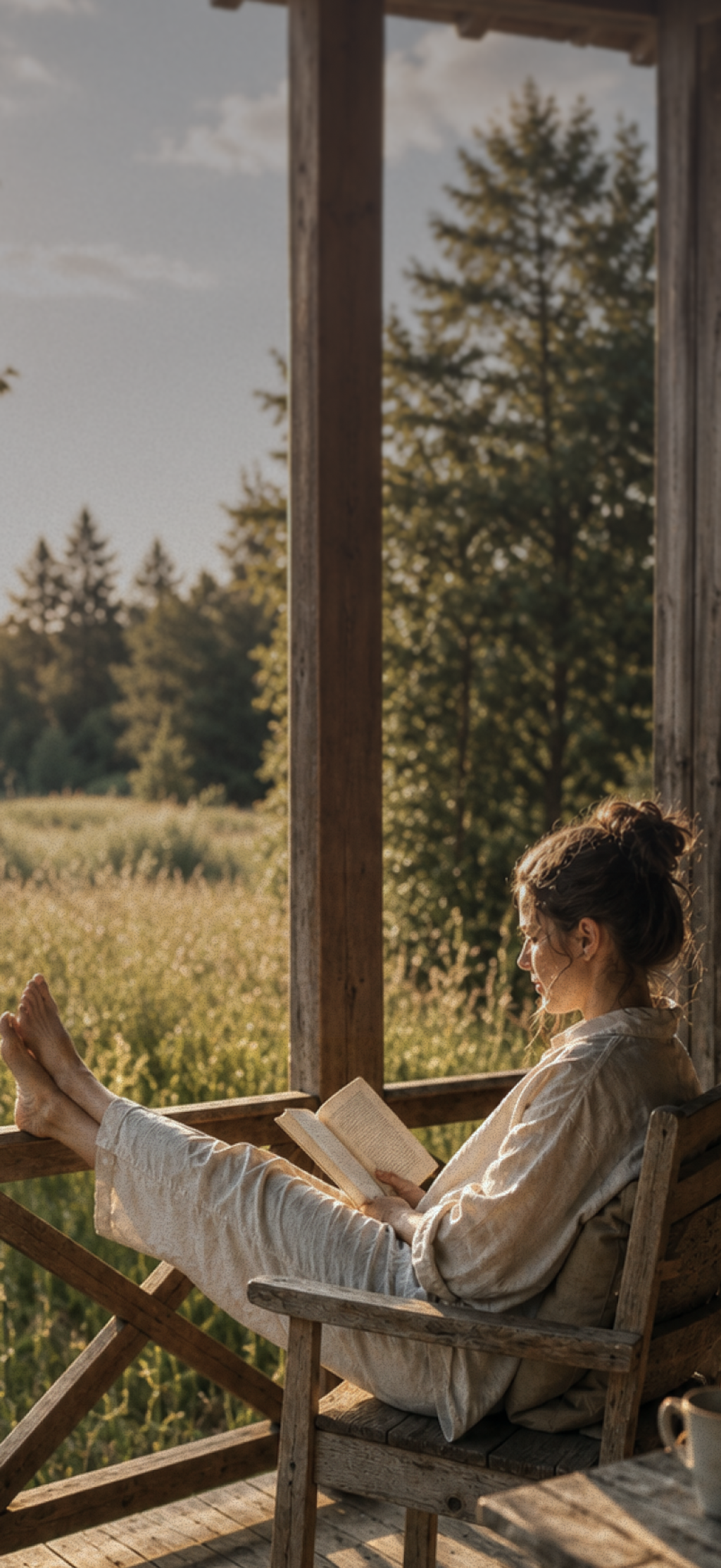 Kvinne leser bok på verandaen sin