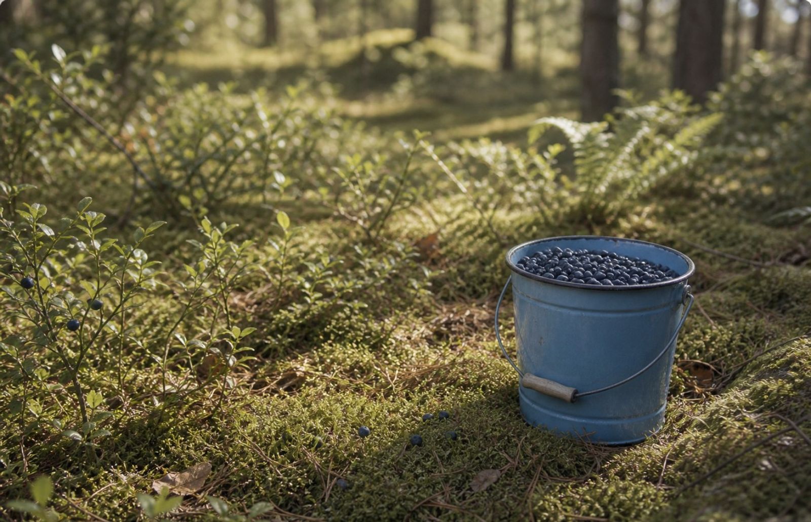 En blå hink med blåbär i en skog