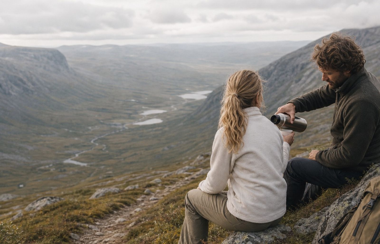 Två personer som fjällvandrar och stannar för att dricka kaffe ur termos