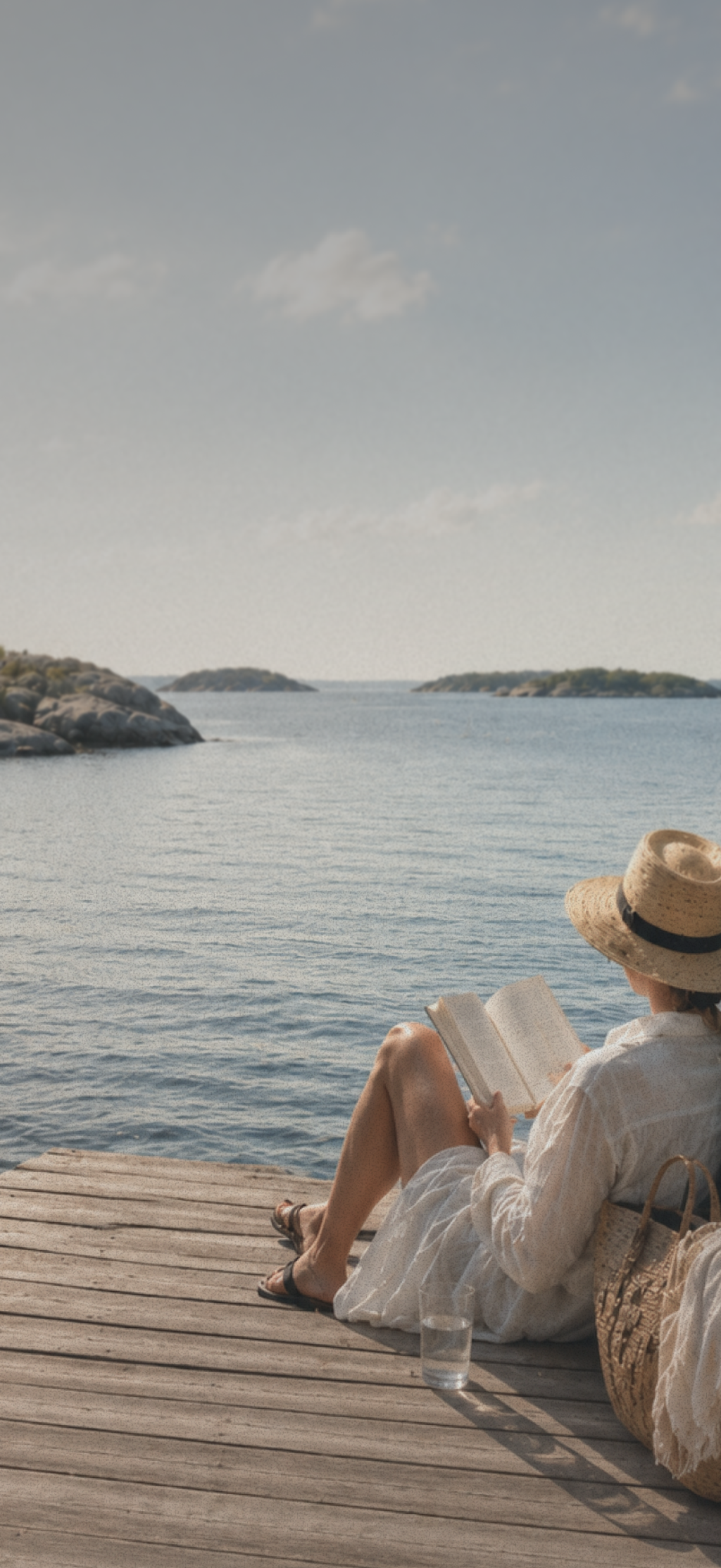 Kvinna blundar mot solen vid havet