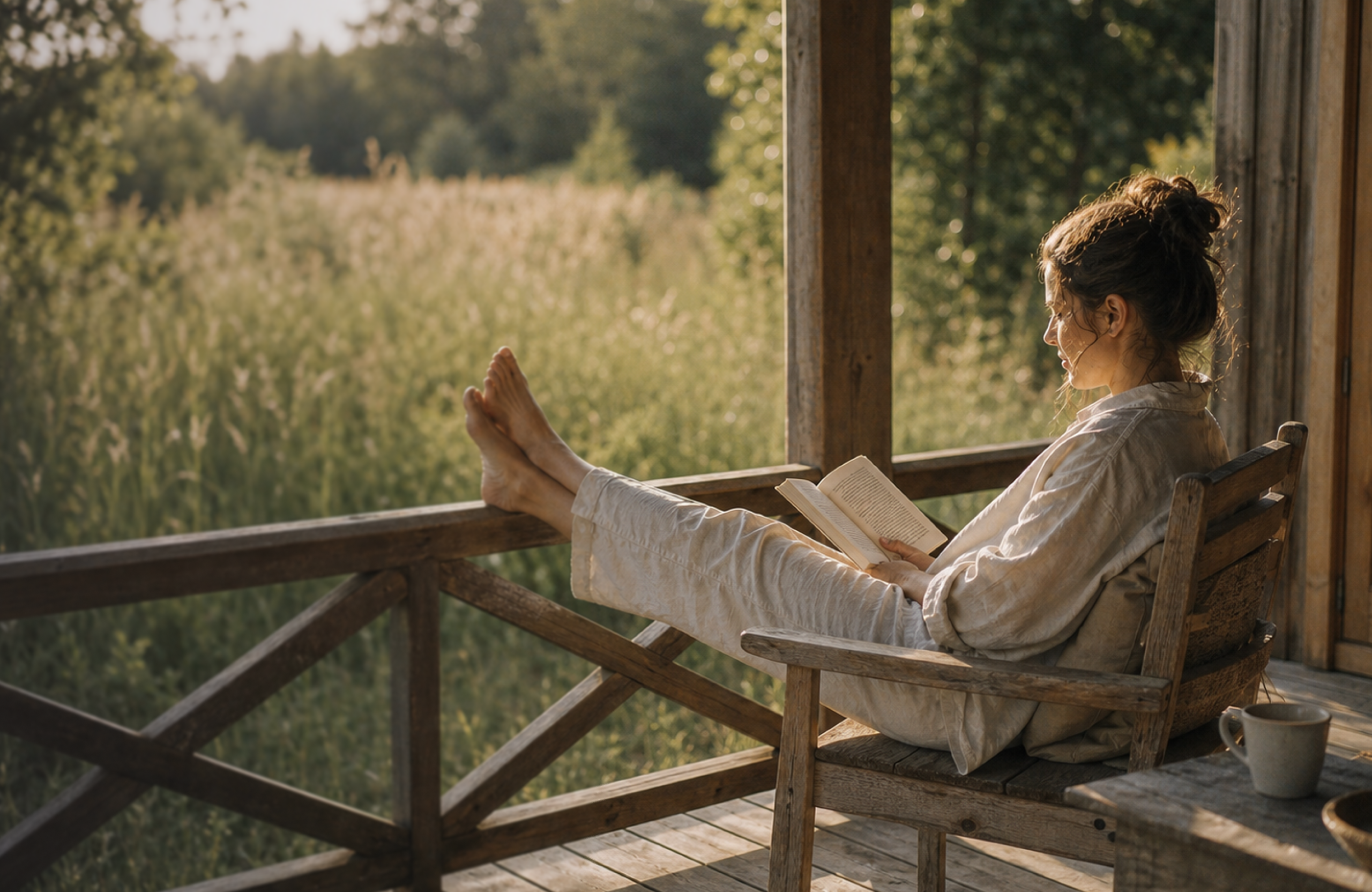 Kvinne leser bok på verandaen sin