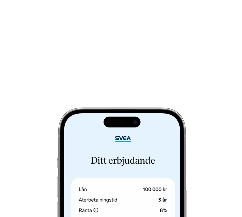Telefon som visar ett låneerbjudande från Svea Bank