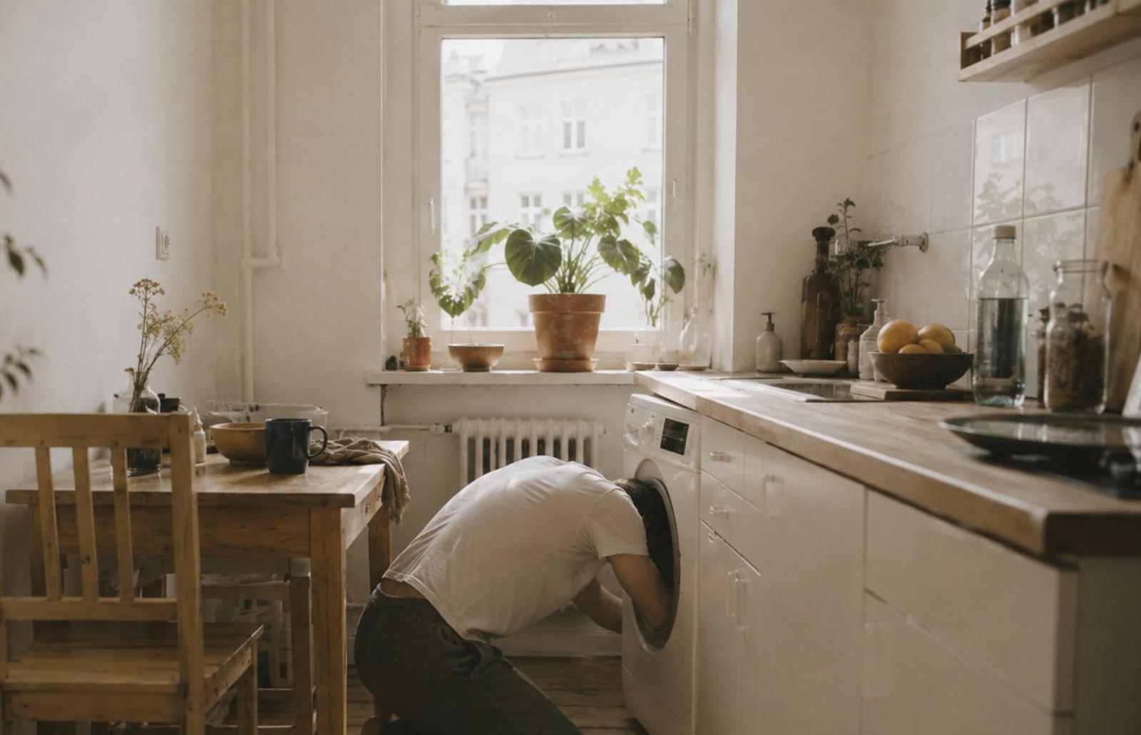 En person undersöker en tvättmaskin i ett kök.
