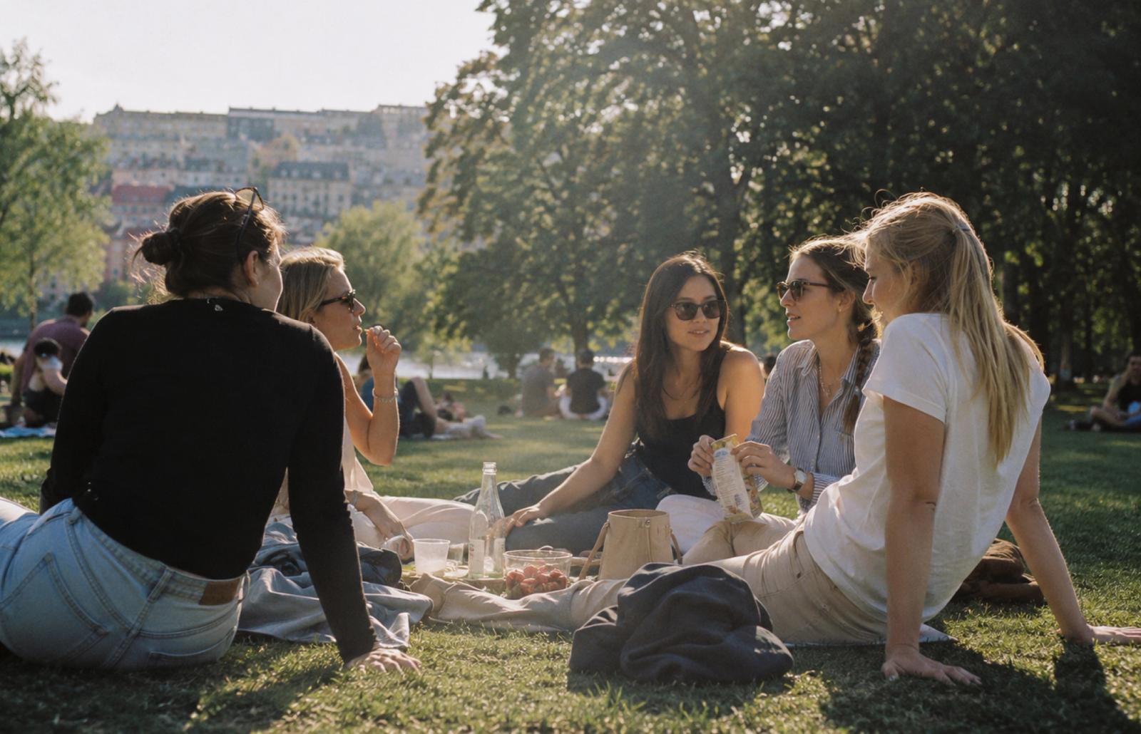 Vänner som har picknick i en park.