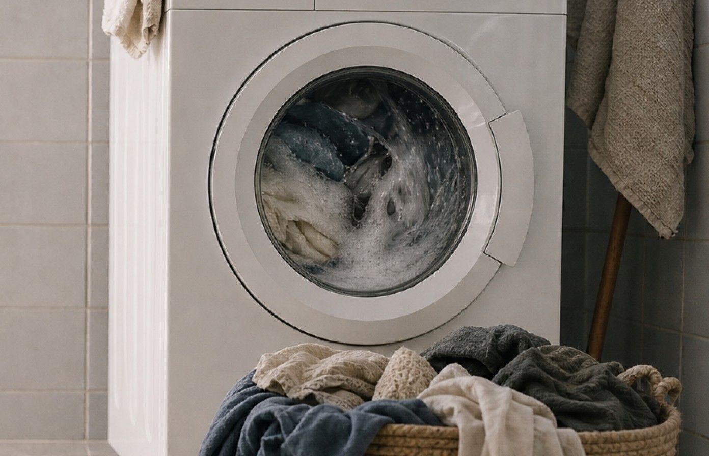 En tvättmaskin som tvättar tvätt med en korg med tvätt framför.
