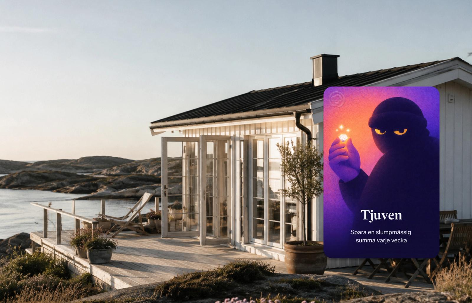 En stuga ligger bland klippor vid havet. Ovanpå bilden visas kortet för sparknepet Tjuven i Dreams.