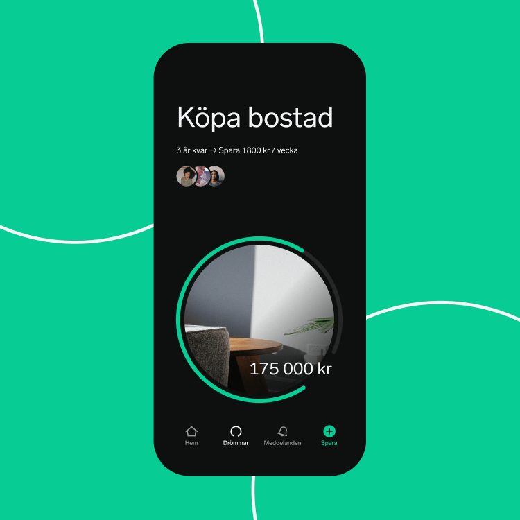 Dreams-appen visar sparmål för att köpa bostad med saldo på 175 000 kronor mot grön bakgrund.
