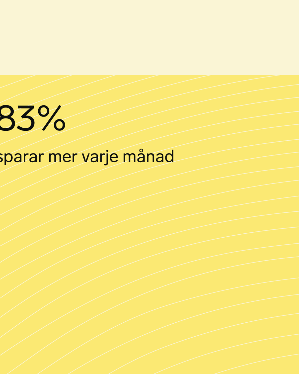 Gul appskärm med stora siffran "83%" och texten "sparar mer varje månad", visad mot en ljust krämfärgad bakgrund.