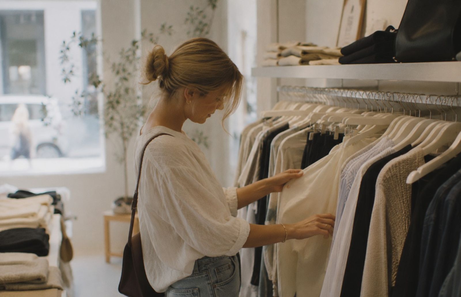 En kvinna som bläddrar bland kläder i en butik