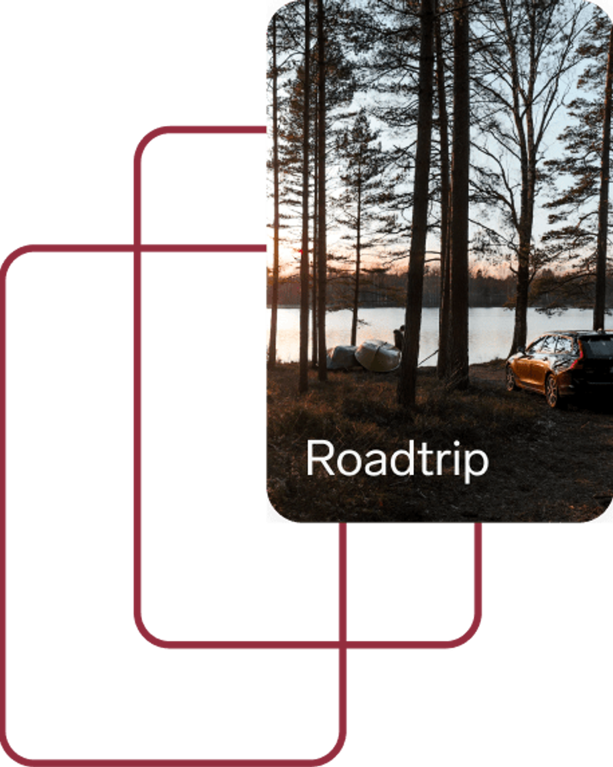 Tält uppspänt vid en spegelblank skogssjö i skymningen, en parkerad bil bredvid, ovanpå texten "Roadtrip" — illustration av sommarens hemester.