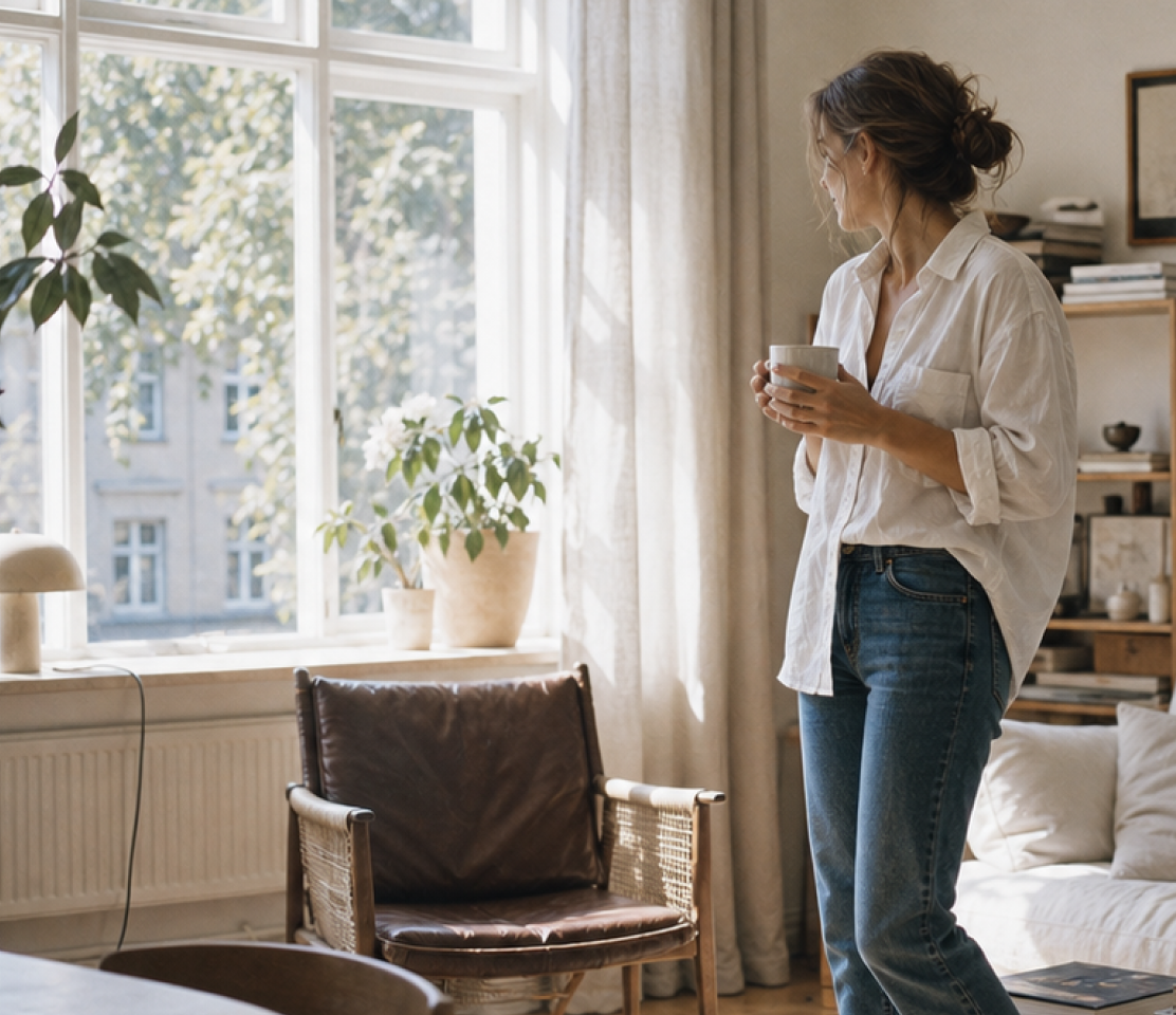 Kvinna tittar ut genom fönstret med en mugg i handen
