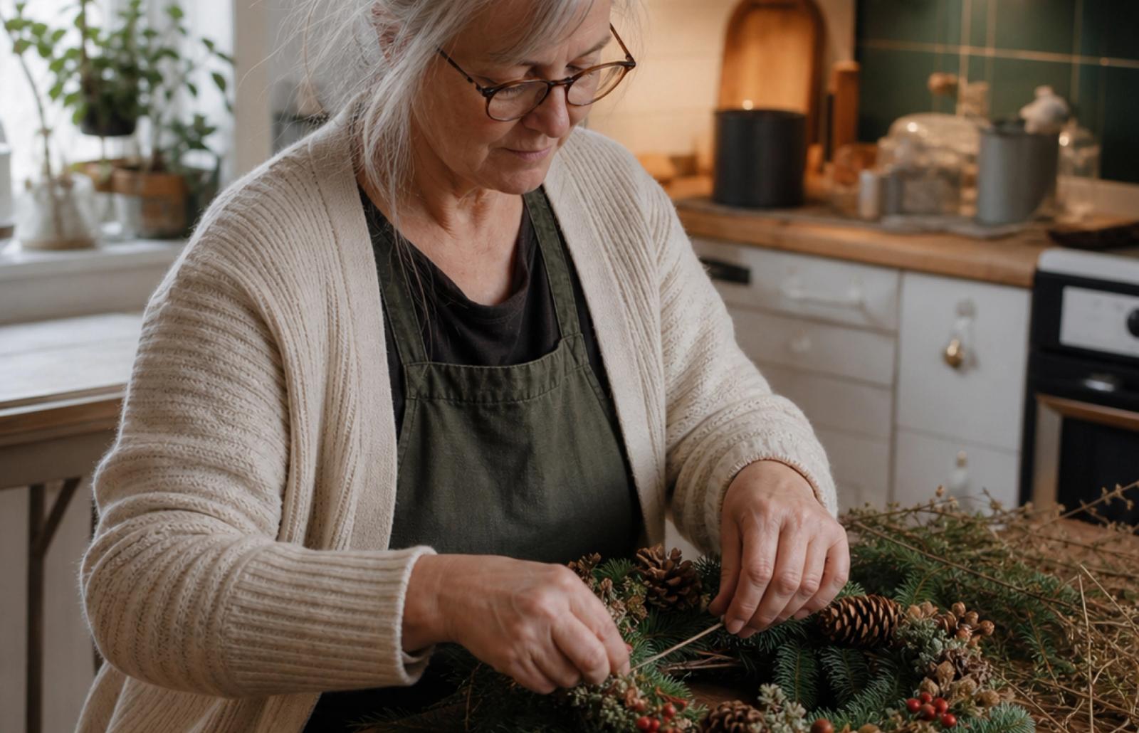 En kvinna gör en julkrans i ett kök.