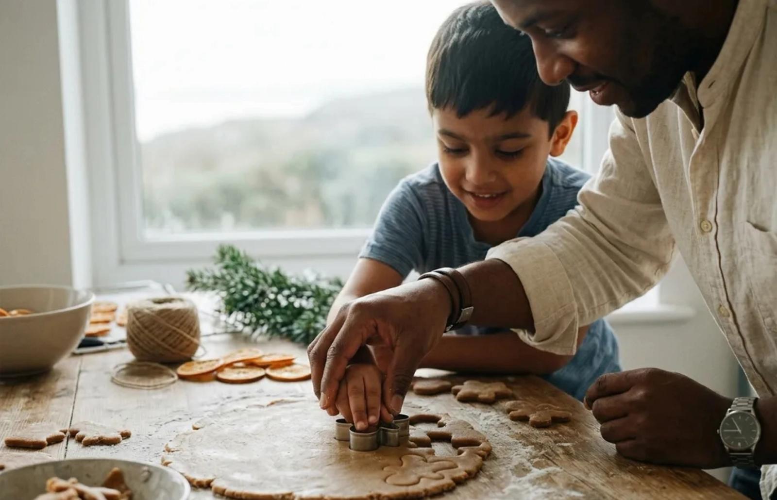 En pappa hjälper sin son att baka pepparkakor vid ett bord.