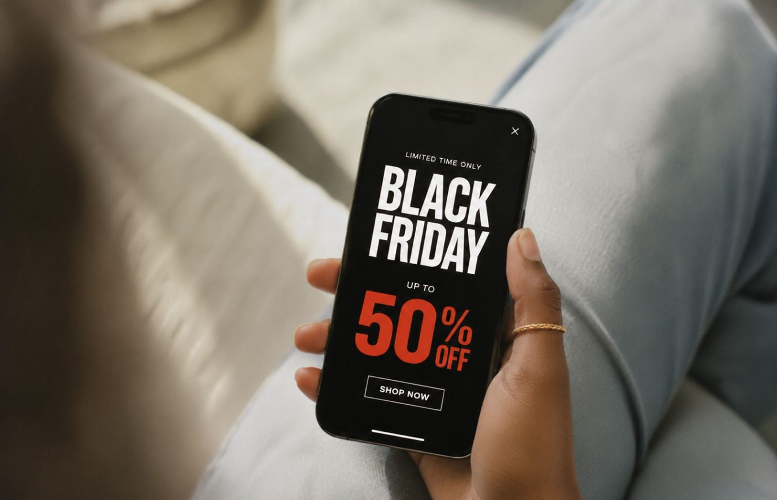 En person med en smarttelefon vars skärm visar en black friday annons