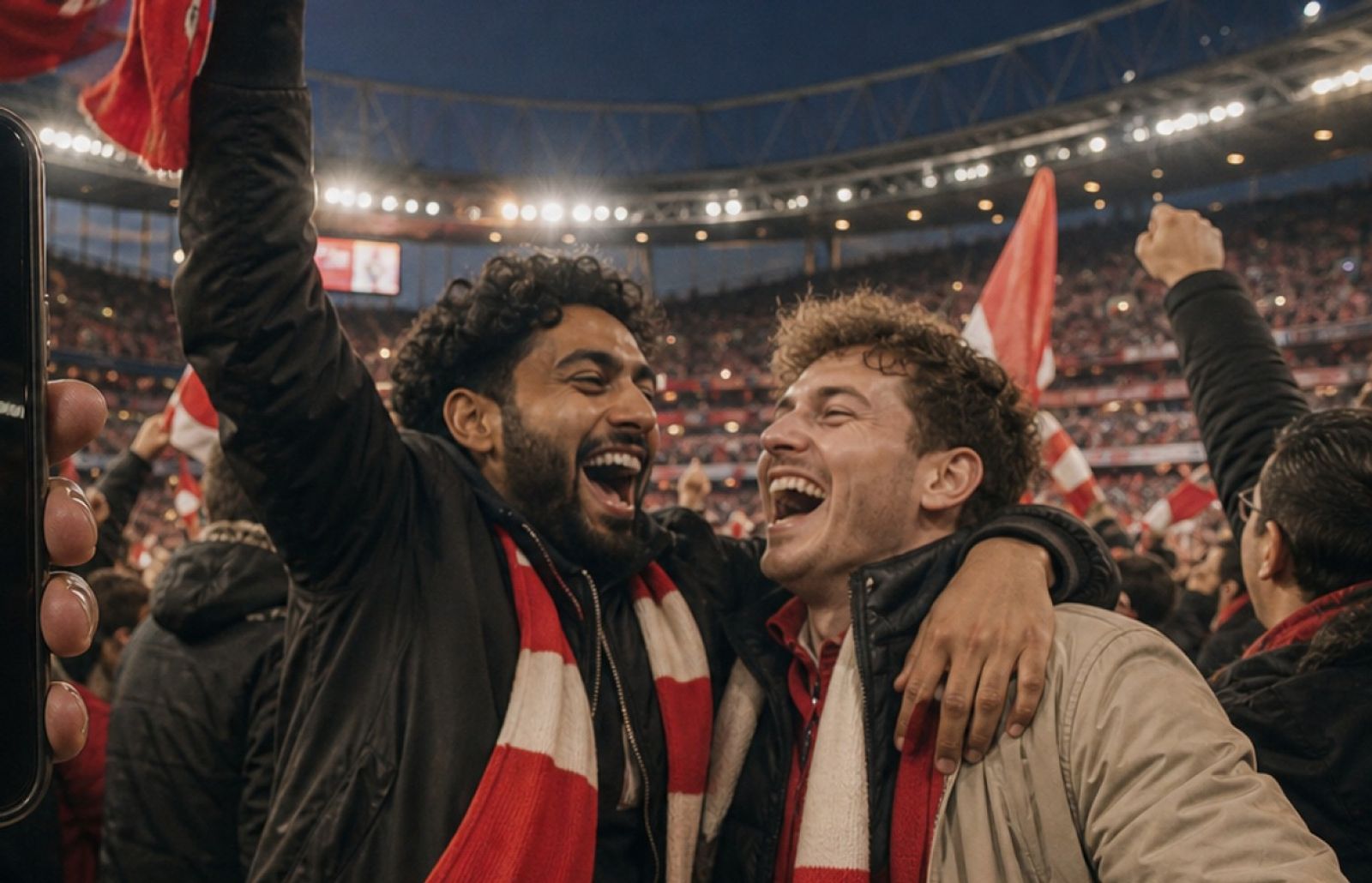 Två vänner på fotbollsmatch som firar