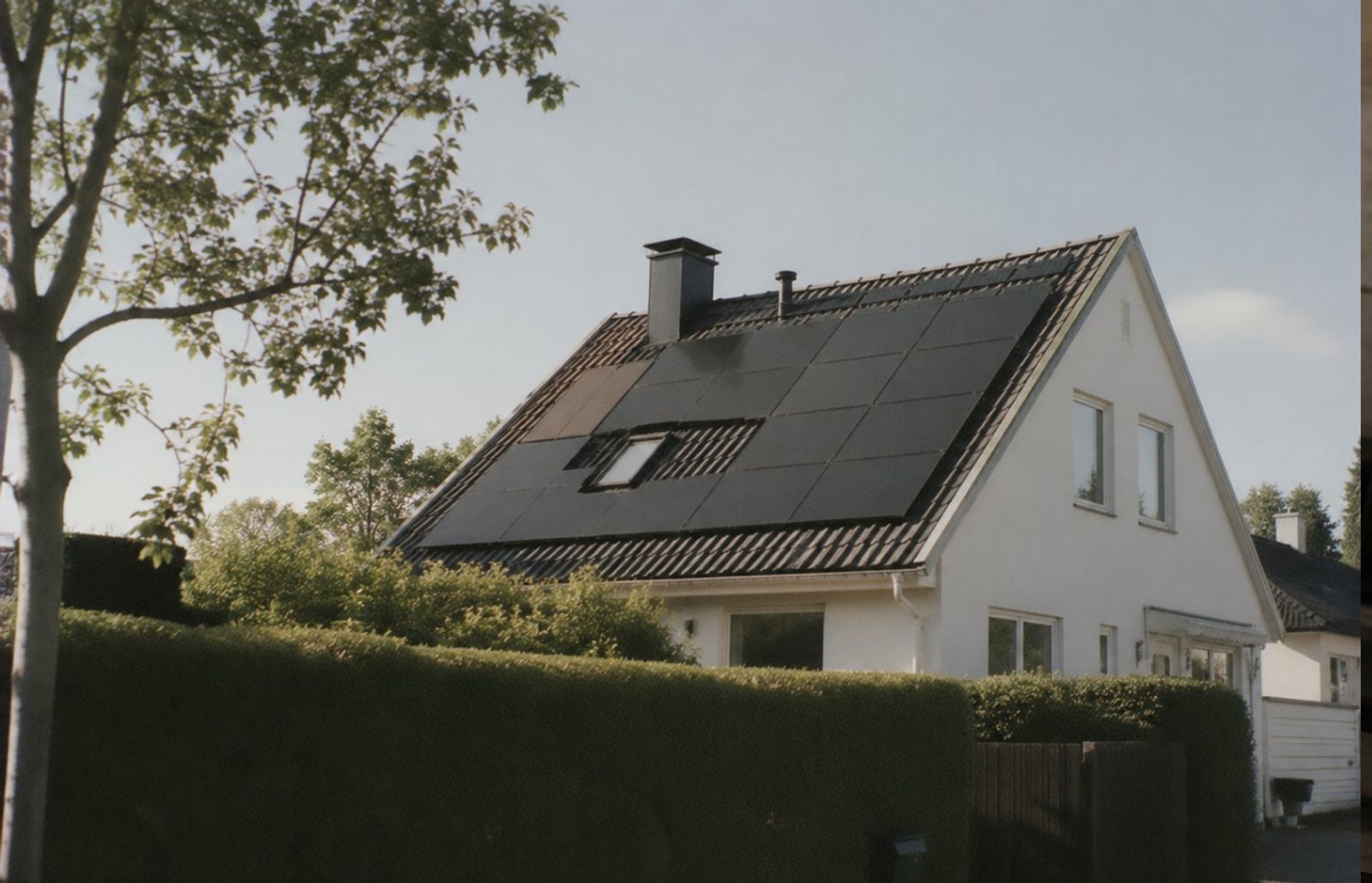 Solpaneler på en vit villa med häck runt tomten och putsad fasad.