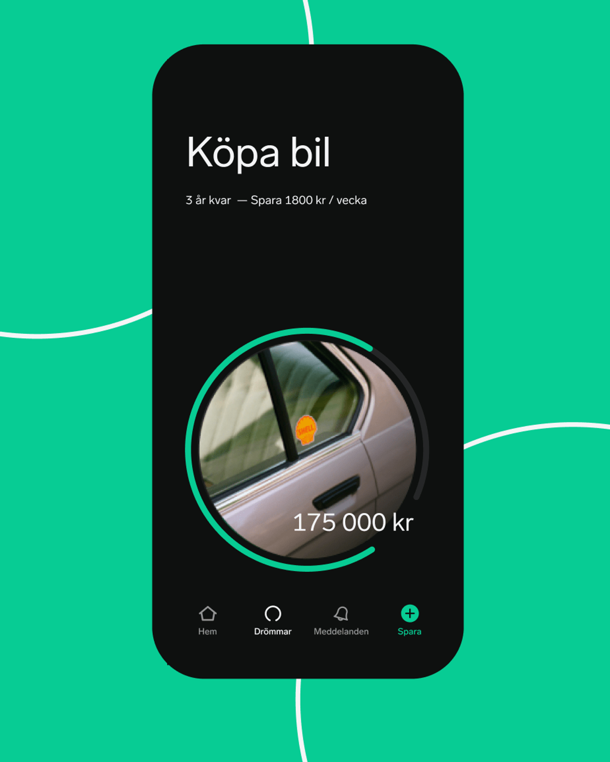 Skärm i Dreamsappen som visar spardrömmen "Köpa bil" med målbild, 1800 kr/vecka och 175 000 kr sparat.