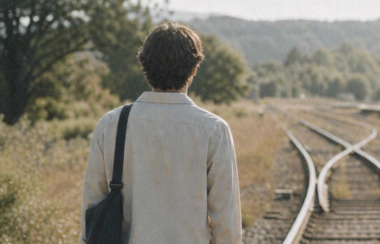 En person står vid två järnvägsspår som delar sig åt olika håll.