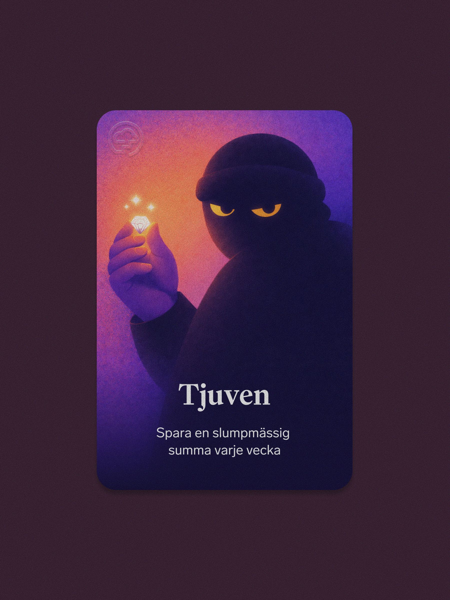 En illustration av sparknepet Tjuven, med en maskerad figur som håller en lysande diamant.