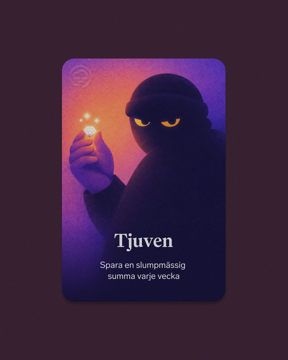 En illustration av sparknepet Tjuven, med en maskerad figur som håller en lysande diamant.