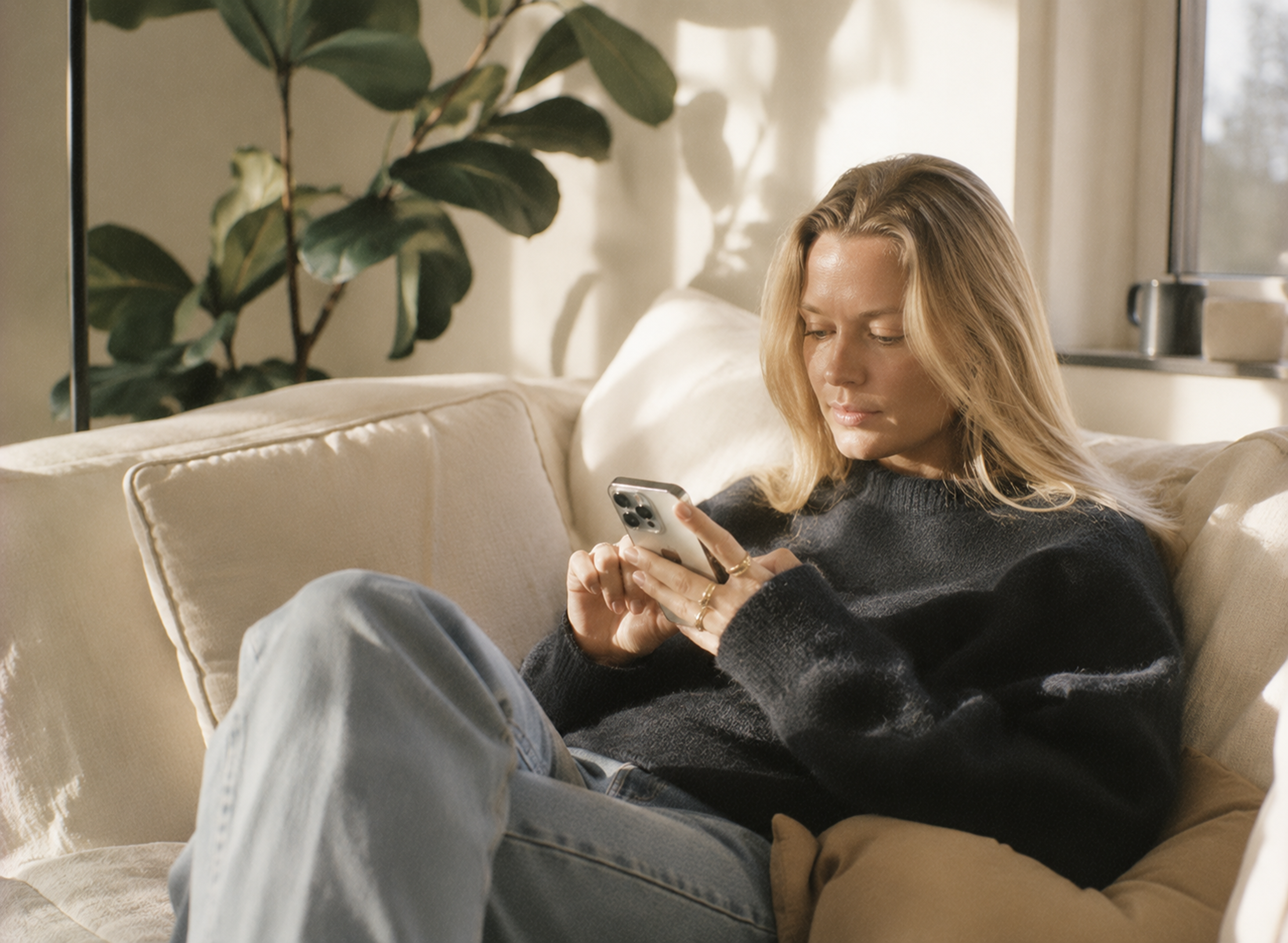 Kvinna sitter i en soffa och använder sin mobiltelefon.